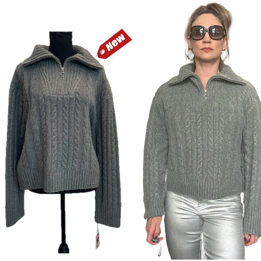 Sincerely Jules gray soft cable knit Quarter Zip high neck sweater XL NWT
